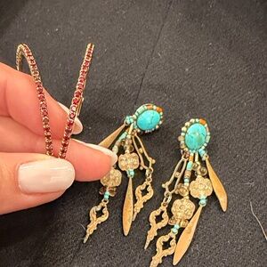 Elegant Gold/ Red Hoop Earrings and Turquoise Earring Set